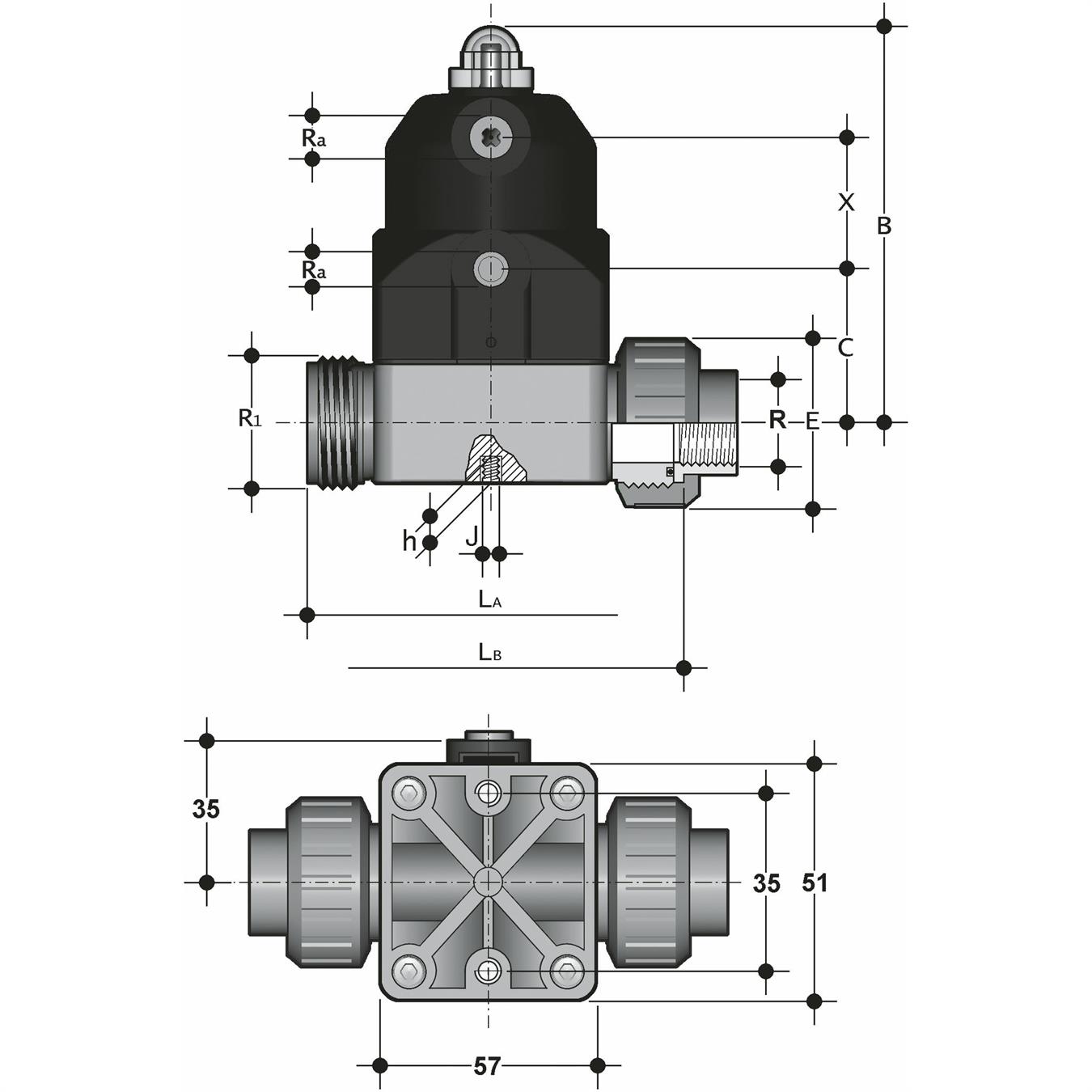 PVCmembranventil 1/2" (NC) VITON med union
